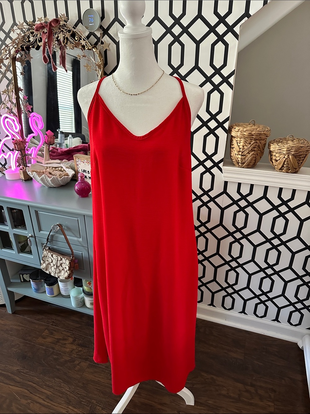 See You Monday Red Slip Midi Dress with V-Neck